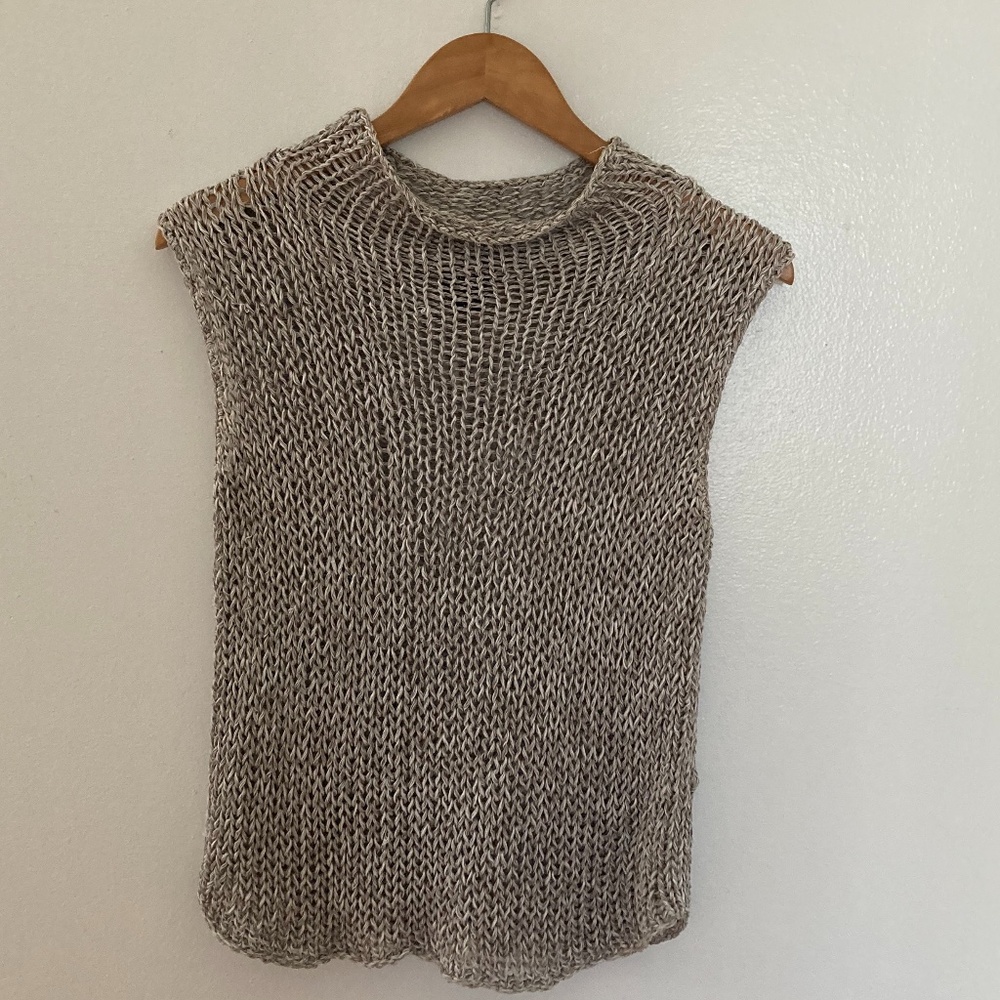 Eileen Fisher Open-weave 100% Linen Sweater, Sleeveless High Neck, Neutral  M